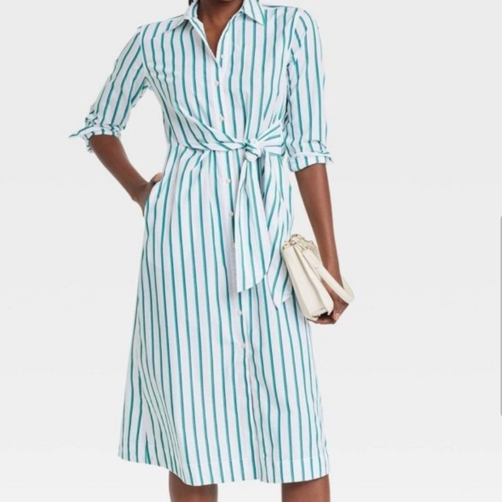 Universal Thread Teal and White Striped Long Sleeve Dress - Picture 1 of 6